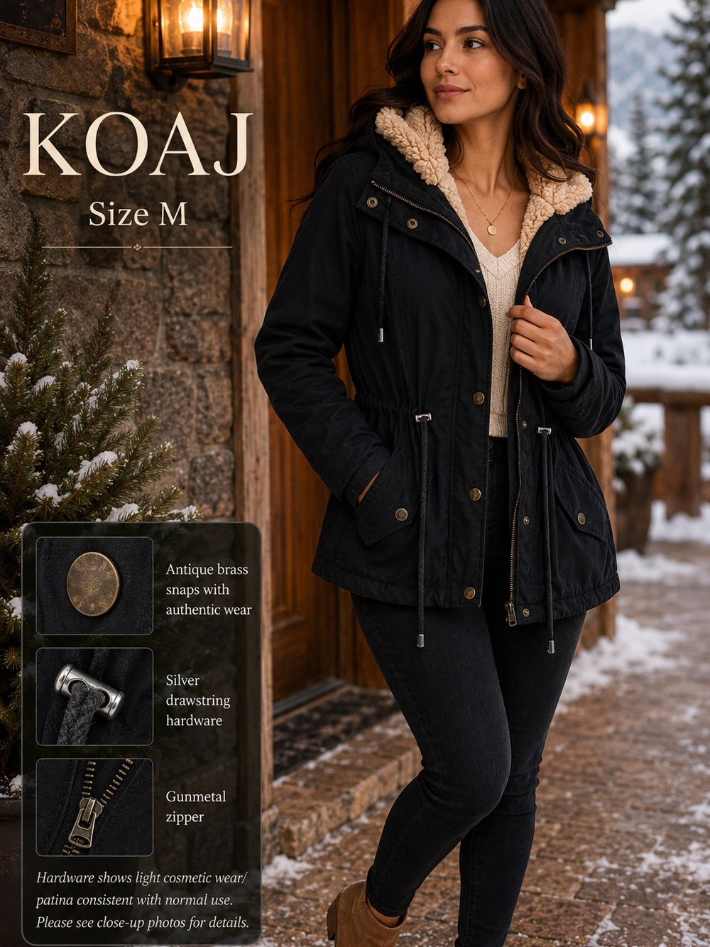 KOAJ Faux Sherpa Lined Utility Jacket Hooded Black Coat M